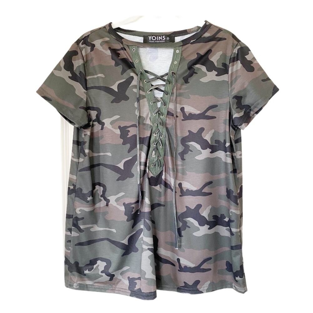 NWOT YOINS Green Camouflage Short Sleeve V-neck T-Shirt Size Medium